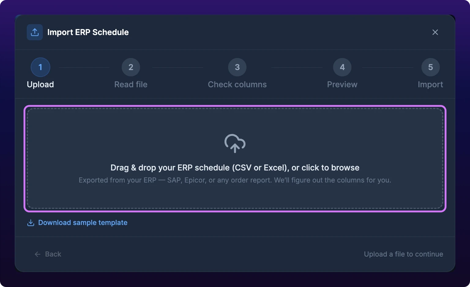 The Import ERP Schedule dialog on its first step. A five-part step indicator across the top reads Upload, Read file, Check columns, Preview, Import, with Upload active; Match people is not listed yet, because no Assignee column has been mapped. Below it a large dashed drop zone, ringed in violet, carries an upload-cloud icon and the text Drag and drop your ERP schedule (CSV or Excel), or click to browse, and under that a smaller line reading Exported from your ERP: SAP, Epicor, or any order report. We will figure out the columns for you. A Download sample template link sits at the bottom left, and the footer reads Upload a file to continue.