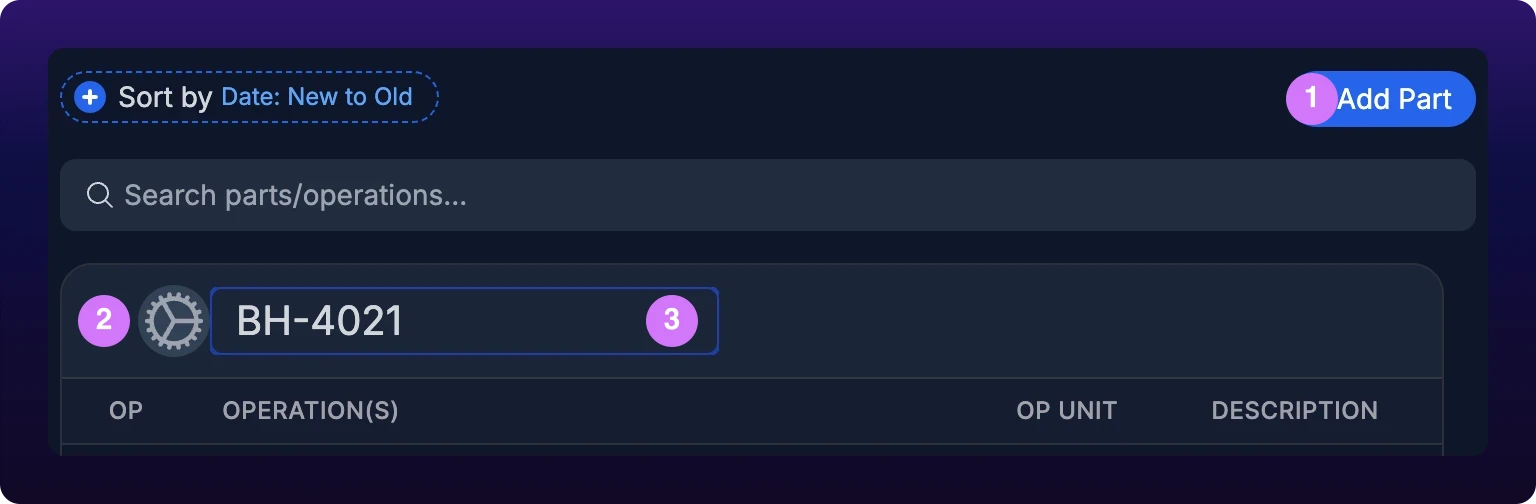 The header strip of a part card on the Parts List with three numbered violet callouts: 1 on the Add Part button in the toolbar above, 2 on the round part picture control at the left of the header, 3 on the open part name input holding BH-4021