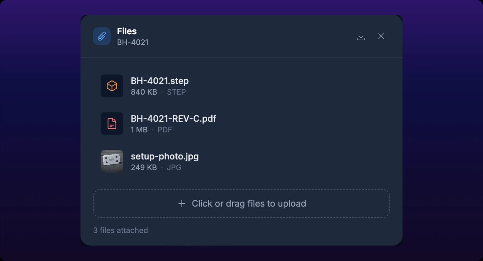 The Files panel headed Files over the part name BH-4021, with a download-all arrow at its top right, listing three attachments: BH-4021.step at 840 KB, BH-4021-REV-C.pdf at 1 MB, each with a colored file icon, and setup-photo.jpg at 249 KB showing a thumbnail of the photo, above a dashed Click or drag files to upload zone and the line 3 files attached