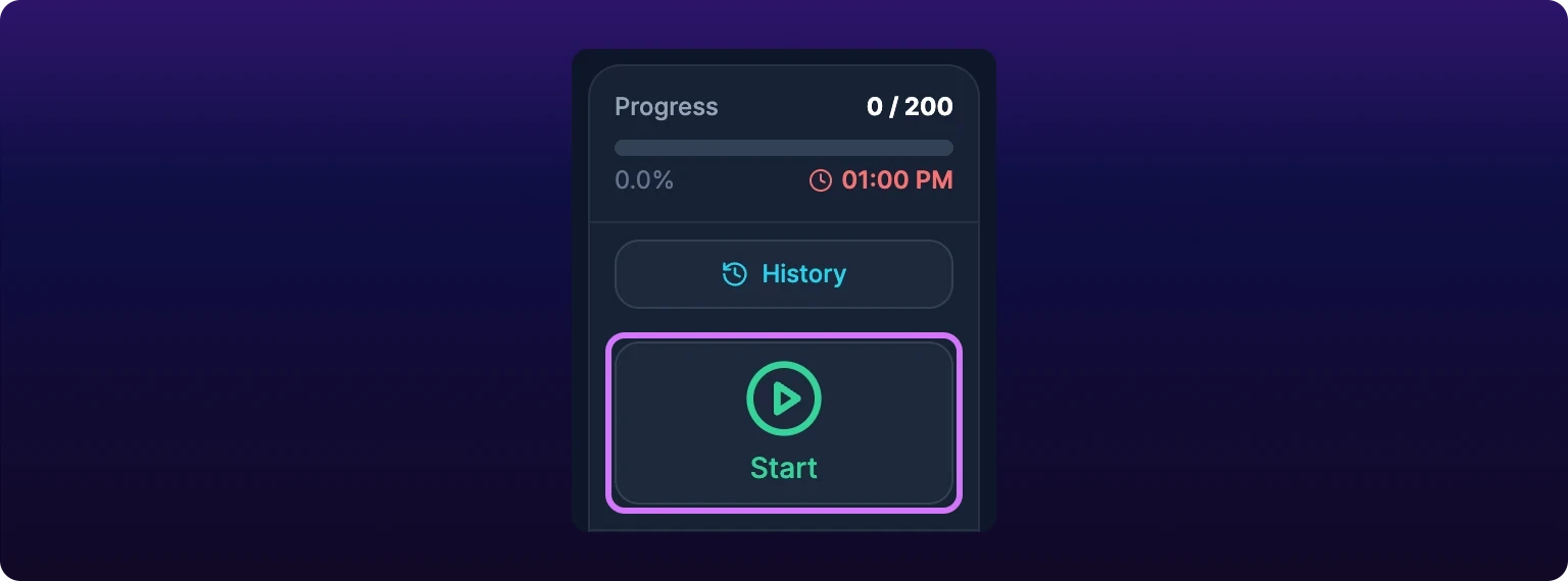A cropped detail of the top of the job runner's left rail. A Progress header reads 0 / 200 above an empty progress bar, with 0.0% at the left and a red clock icon beside 01:00 PM at the right. Below sits a History button, and under it a tall bordered button carrying a large circled play icon over the word Start in green, ringed in violet.