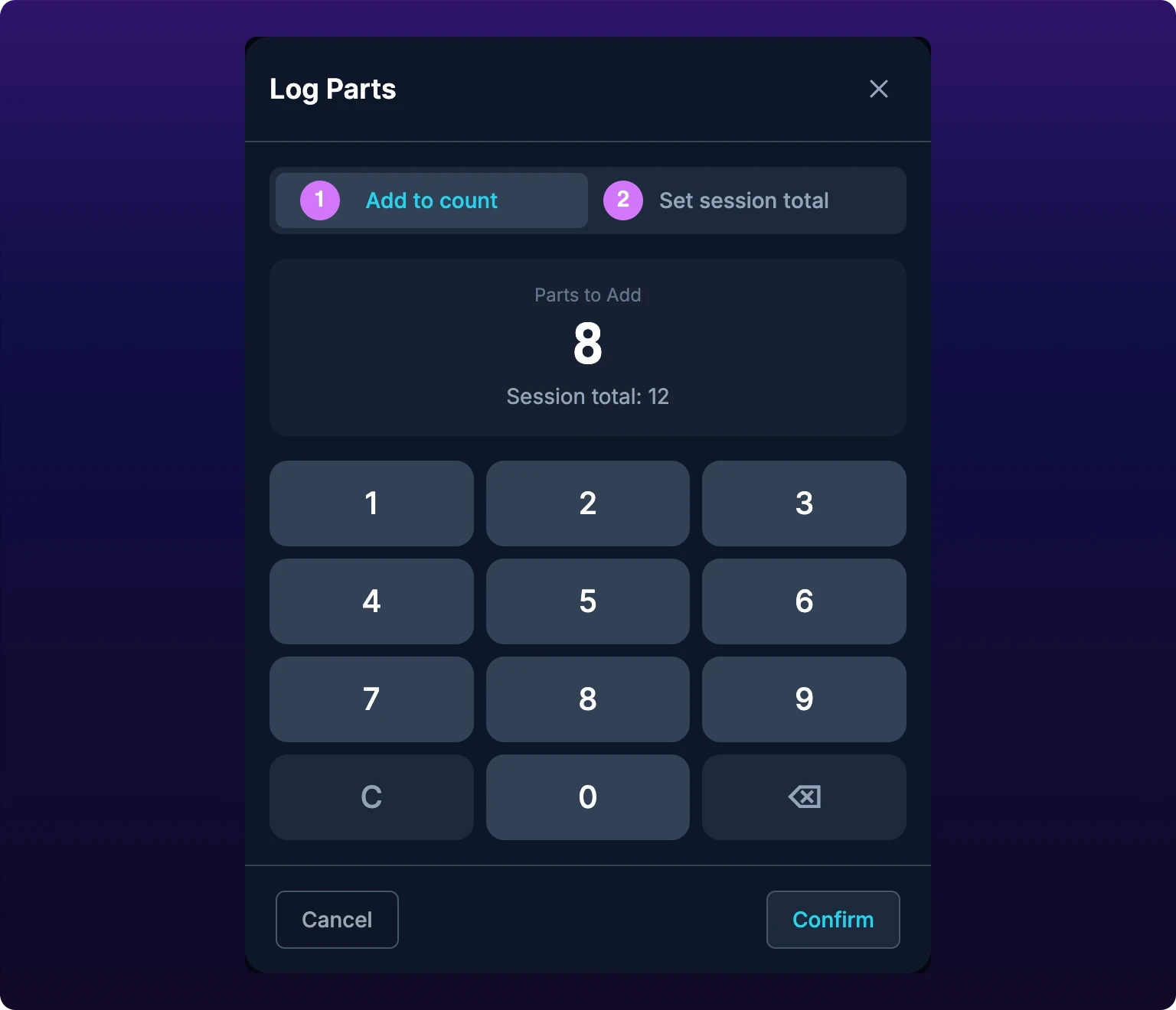 The Log Parts dialog. A two-segment control at the top carries Add to count on the left, selected and filled white, and Set session total on the right, with violet callout 1 in front of the first label and callout 2 in front of the second. Under it a recessed panel is headed Parts to Add over a large 8, with the line Session total: 12 beneath. A three-column keypad of the digits 1 to 9, a C, a 0 and a backspace fills the lower half, over a footer holding Cancel at the left and Confirm at the right.